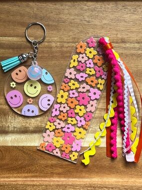 Handmade Key Chain and Bookmark Smiley Face & Floral Set